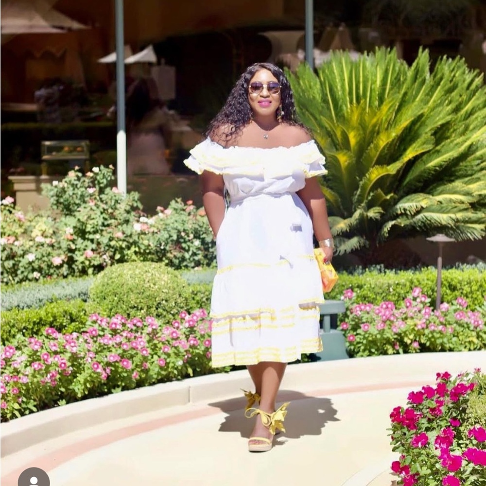 White and Yellow Off-Shoulder Dress